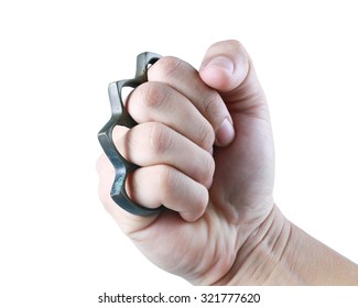 Hand Man Wearing Brass Knuckles Isolated On White Background.Knuckle Weapons.