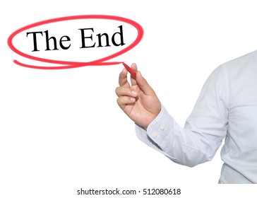 Hand of man write text The End with black color isolated on white background, concept of adoption to promote your business for organization or work design to accompanying presentation.