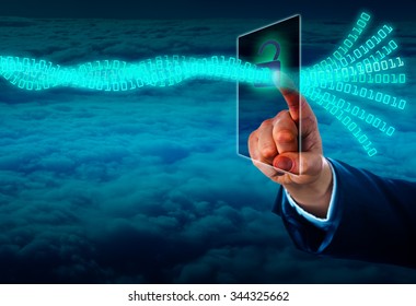 Hand of a manager unlocking a virtual data stream via a touch screen in cyberspace. Concept for authenticated data access or cyber crime. Copy space over the closed cloud front shot from high above. 
