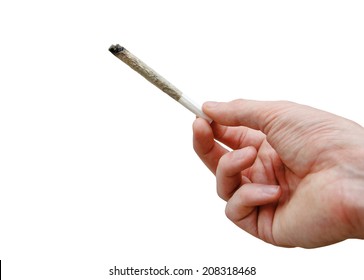 Hand with marijuana joint isolated on white background