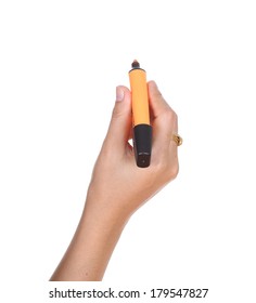 Hand With Marker Pen Isolated On White Background 