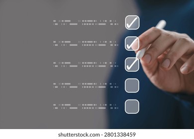 Hand marking checklist with checkboxes, task management and productivity, business planning, workflow organization, goal tracking, quality control, project management and efficient process completion
