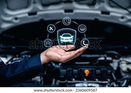 Hand of mechanic holding car icon, Car automobile insurance and car services concept.