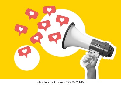 Hand with megaphone and likes icons, social media
