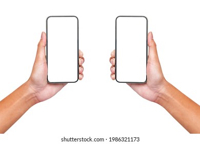 Hand men holding smartphone with blank screen isolated on white background with clipping paths. - Shutterstock ID 1986321173