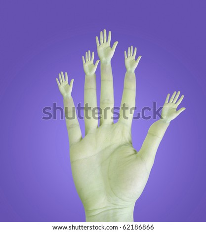 A hand of a men with multiple hands on each finger.