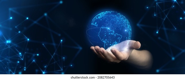 Hand With Metaverse. Internet Digital Transformation, Next Generation Of Technology Era, Virtual Reality, Social Media Platform. Business Background Double Exposure 