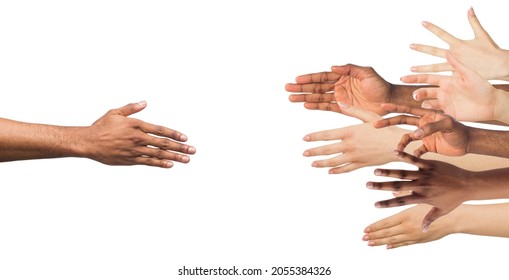Hand Of Millennial African American Man Reaches Out Many Arms Of Diverse People To Help, Isolated On White Background, Panorama. Support, Psychological Support, Interview And Job Vacancy, Copy Space