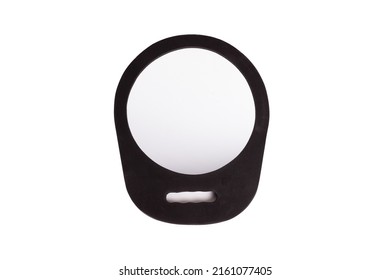 Hand Mirror. Hand Mirror For Hairdressers, Plastic Handle, Hand Mirror, Black With White Background