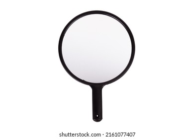Hand Mirror. Hand Mirror For Hairdressers, Plastic Handle, Hand Mirror, Black With White Background