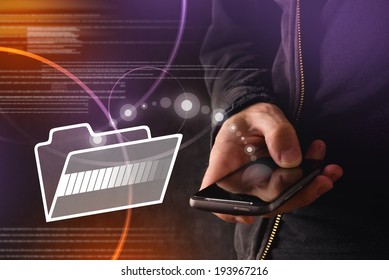 Hand With Mobile Smart Phone Transferring Files To Cloud Folder. New Technology Data Backup Or File Sharing Concept.