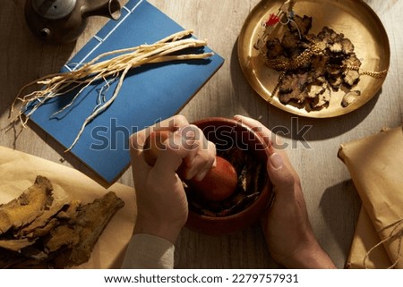 Hand model using mortar and pestle to pound herbs. Szechuan Lovage Rhizome, Dangshen and Rhubarb root and rhizome displayed around. Healthy medicine concept