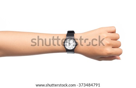 Hand with modern watch showing 10:10 o'clock isolated on white background