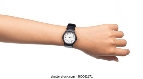 Hand With Modern Watch Showing 10:11 O'clock Isolated On White Background