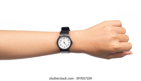 Hand With Modern Watch Showing 5 O'clock Isolated On White Background