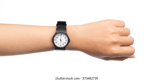 Hand With Modern Watch Showing 6 O'clock Isolated On White Background