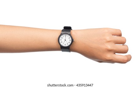 Hand With Modern Watch Showing 7 O'clock Isolated On White Background