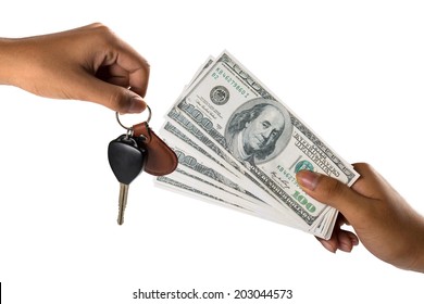 Hand With Money And Car Keys, Isolated Over White