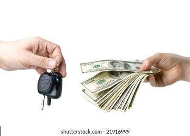 Hand With Money And Car Keys On A White Background