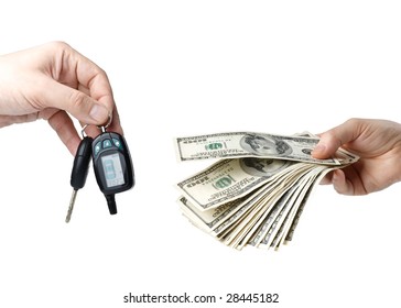 Hand With Money And Car Keys On A White Background