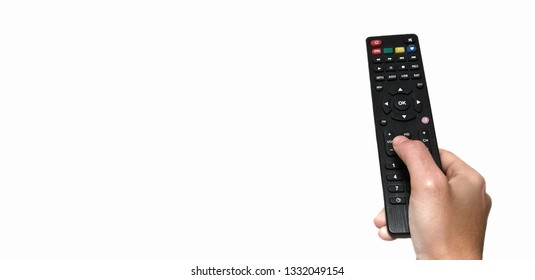 Hand With Multimedia Tv Remote Control Isolated On White Background.Turn Up TV Volume.