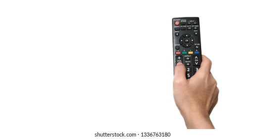 Hand With Multimedia Tv Remote Control Isolated On White Background.Turning TV Volume Down.