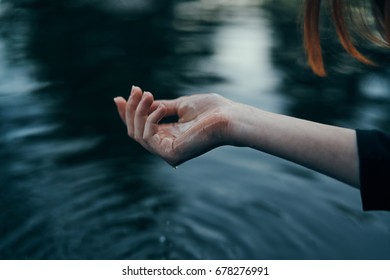 Hand, Nature, Water, River, Lake, Trees, Woman.