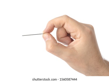 Hand with needle isolated on white background