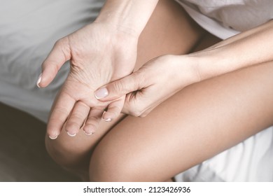 Hand Numbness Or Limb Numbness. Woman With Hand Pain And Finger Pain After Sleep