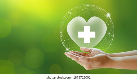 Hand Offer Hospital Heart With White Cross On Green Background. Family Life Insurance, Medical Care Insurance, And Business Healthy Concepts. 