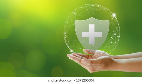 Hand Offer Medical Shield On Green Background. Family Life Insurance, Medical Care Insurance, And Business Healthy Concepts. Copy Space.