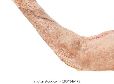 Hand Of Old 90 Year Old Woman Grandmother Isolated On White Background.