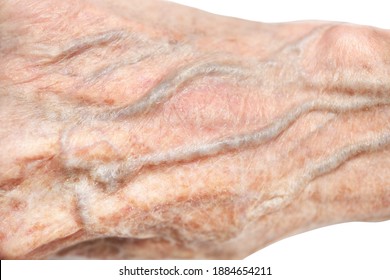 Hand Of Old 90 Year Old Woman Grandmother Isolated On White Background.