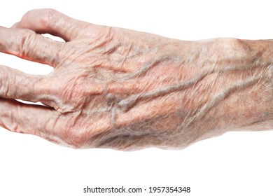 Hand Of Old 90 Year Old Woman Grandmother Isolated On White Background.