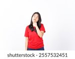 Hand on chin looking up and thinking Of Beautiful Asian Woman wearing red shirt Isolated On White Background