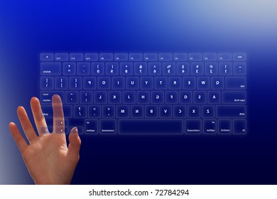 hand on computer keyboard. touch screen interface