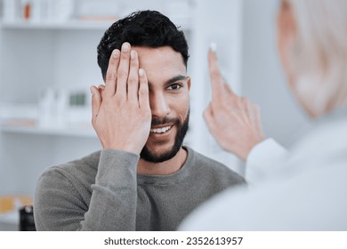 Hand on eye, test and vision, optometrist and patient with health and eyecare, glasses and eyesight exam. Assessment, wellness and man with woman at optometry clinic, help and trust with visual - Powered by Shutterstock