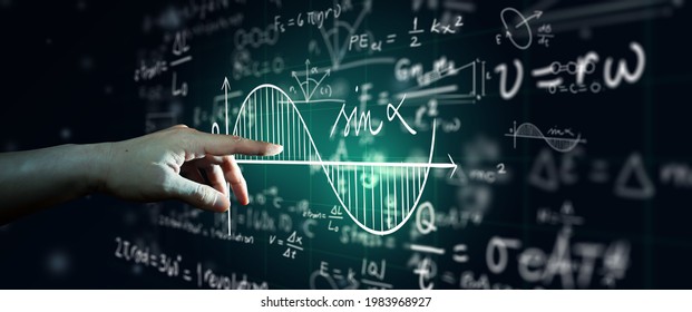Hand on science formula and math equation abstract black board background. Mathematic or Chemistry education, Artificial intelligence Concept.