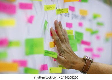 Hand on sticky note closeup on whiteboard blur background - Shutterstock ID 1434108230
