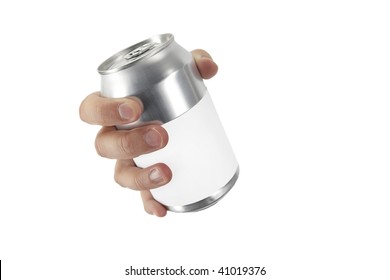 hand on white background with a can