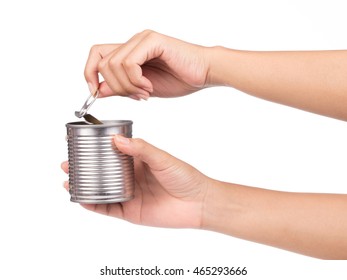 hand open Aluminum,canned food isolated on white background