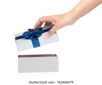 Hand Open Gift  Box With Ribbon Isolated On White Background