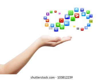 Hand with open palm and plenty application icons proposal, isolated, clipping path - Shutterstock ID 103812239