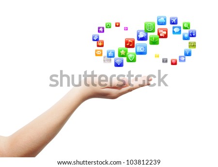 Hand with open palm and plenty application icons proposal, isolated, clipping path