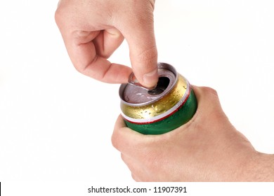 Man?s Hand Opening Aluminum Beer Can, Isolated On White Background