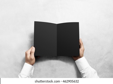 Hand Opening Blank Black Brochure Booklet Mockup. Leaflet Presentation. Pamphlet Mock Up Holding Hand. Man Show Clear Offset Paper. Booklet Design Template. A5 Paper Sheet Display Read First Person