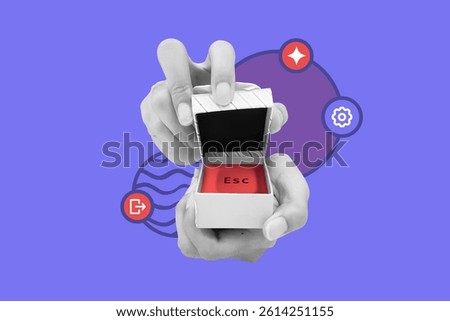Hand opening gift box containing keyboard escape button. Panic button concept. Exit strategy from bad situation and toxic relationship. Flat pop art conceptual collage illustration.