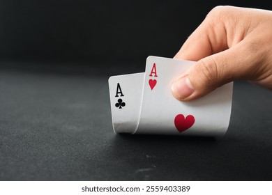 hand opening poke card illustration. peeking at the poker cards. pair of poker aces. playing poker cards dark black background - Powered by Shutterstock