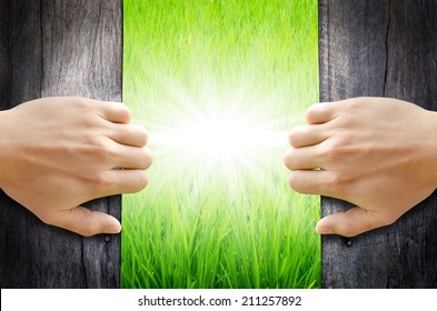Hand opening the wooden door to found Greenfield and shining light.