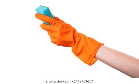 Hand in Orange Gloves Holding Blue Sponge - Powered by Shutterstock